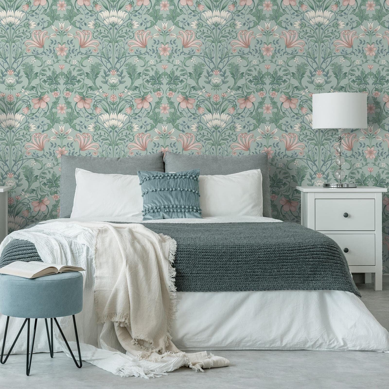 Holden Vintage Floral Wallpaper Flowers Leaves Soft Teal Green/Pink 13390