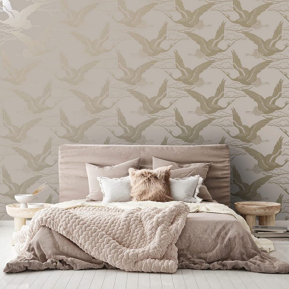 Holden Decor Glistening Cranes Wallpaper - Modern Metallic Wallpaper for Living Room, Bedroom, Fireplace - Decorative Luxury Nature Wall Paper with Cranes (Pink/Gold)