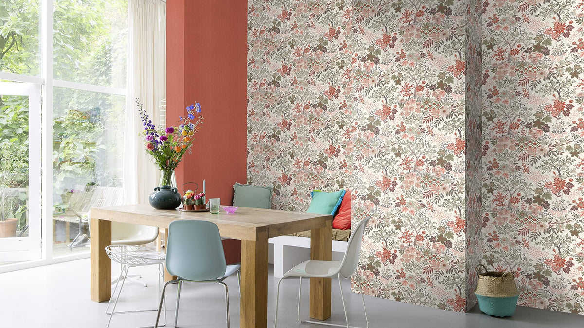 Rasch Wallpaper 553338 - Colourful Non-Woven Wallpaper from The Salisbury Collection with Different Coloured Leaves on White Background with Slight Structure - 10.05 m x 53 cm (L x W)