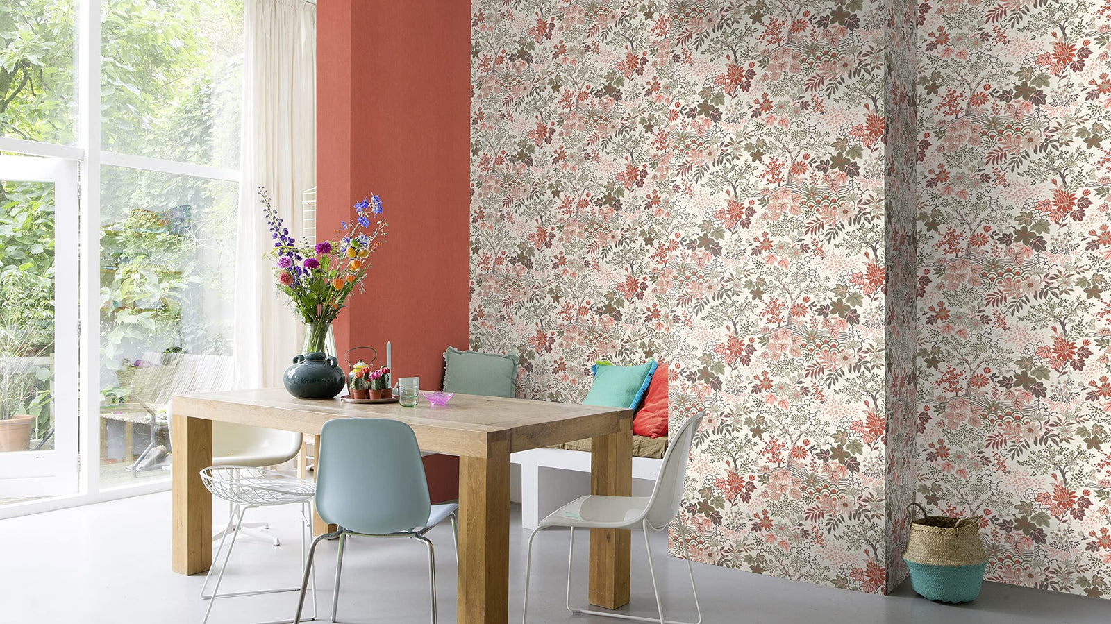 Rasch Wallpaper 553338 - Colourful Non-Woven Wallpaper from The Salisbury Collection with Different Coloured Leaves on White Background with Slight Structure - 10.05 m x 53 cm (L x W)