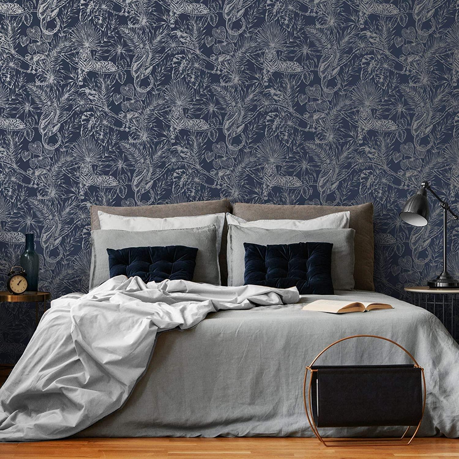 Holden Decor Sumatran Navy Silver Wallpaper 65760 - Metallic Tropical Palm Tiger