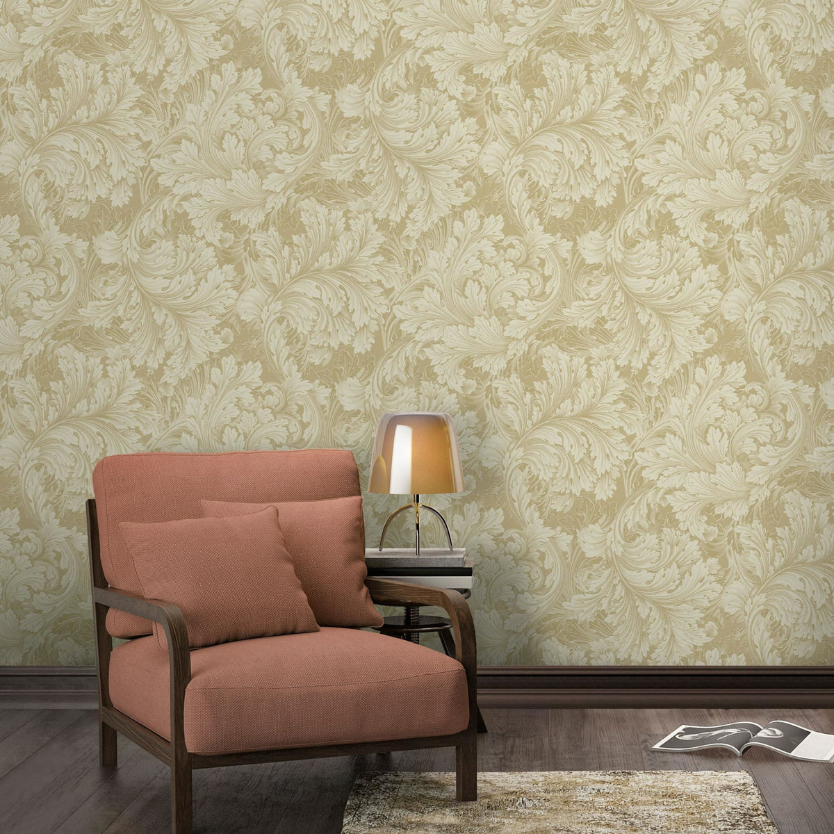 Grandeco Rossetti Acanthus Leaves Scroll Smooth Wallpaper, Gold