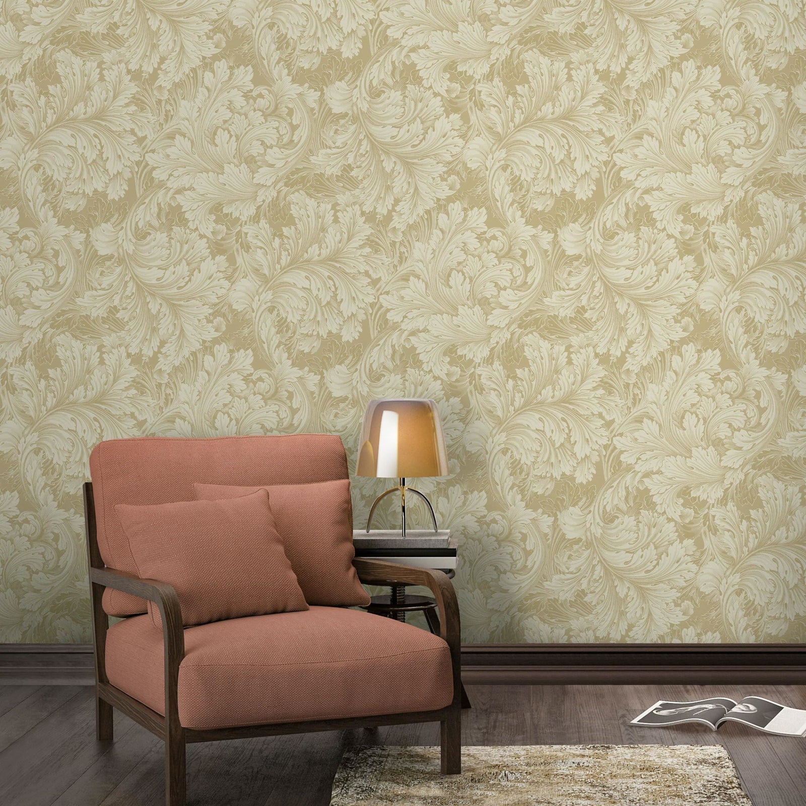 Grandeco Rossetti Acanthus Leaves Scroll Smooth Wallpaper, Gold