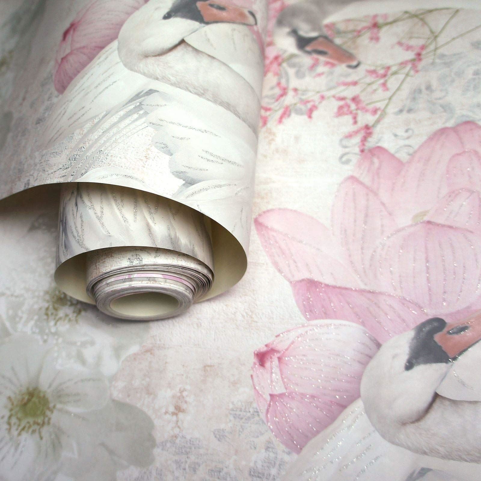 Holden Decor Fantasia Glitter Swans Pink Wallpaper 90700 - Floral Cygnets Birds