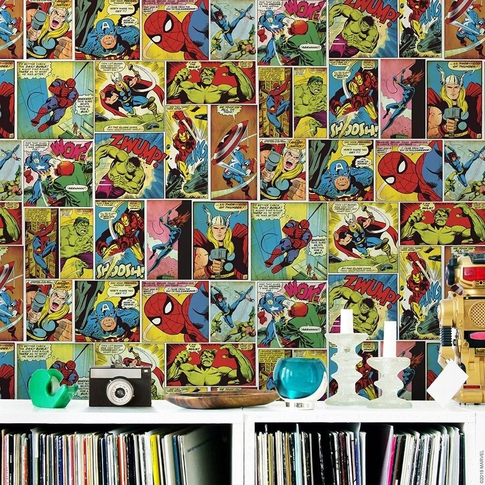 Muriva 159501 Marvel Avengers Wallpaper Multi Coloured Hulk Thor Ironman Comic Strip Kids Room, 10 m x 0.52 cm