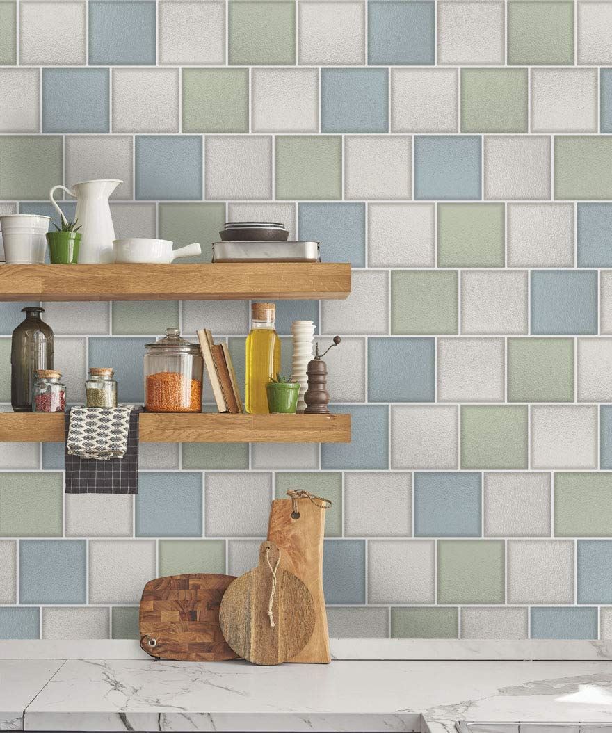 Glass Tile Blue Green Kitchen Bathroom Wallpaper 89352