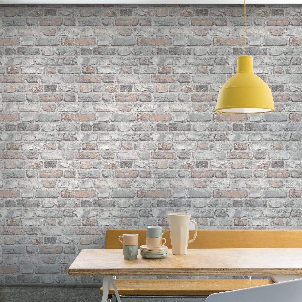 Grandeco Vintage Brick Wall Textured Wallpaper, Pastel