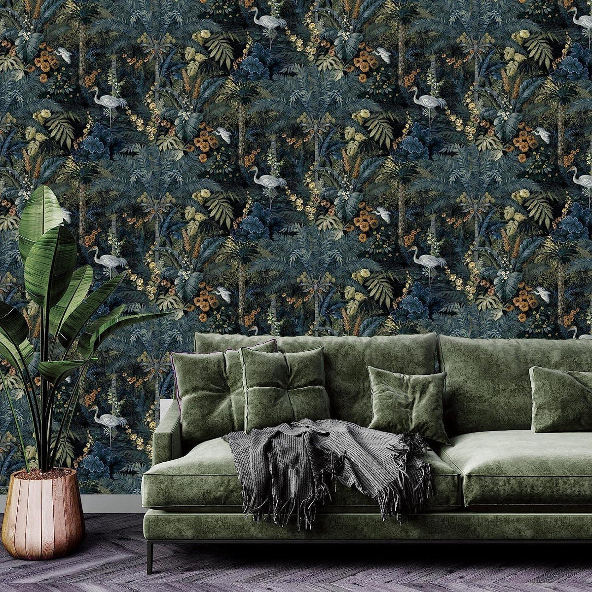 Holden Decor Outside in Jungle Paradise Navy Wallpaper 13180 - Cranes Tropical