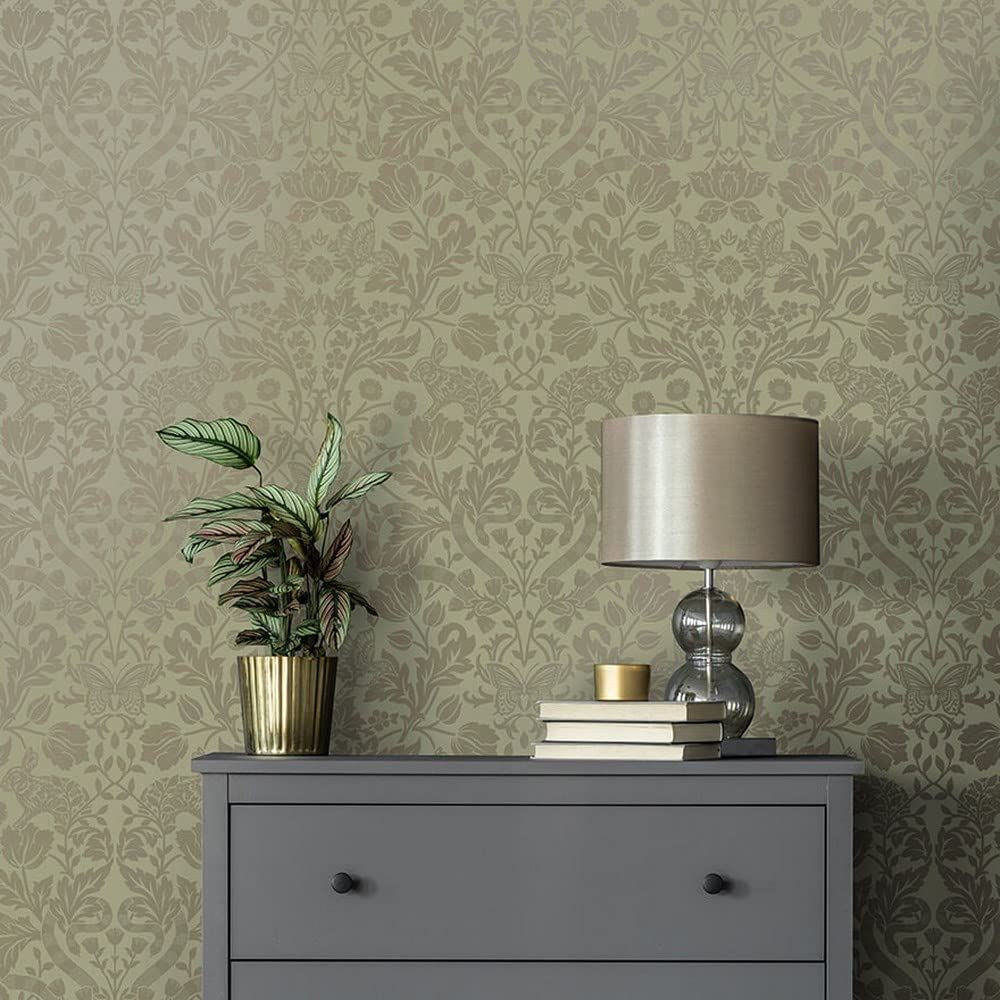 Glistening Mirrored Floral Wallpaper - Modern Metallic Wallpaper for Living Room, Bedroom, Fireplace - Decorative Luxury Floral Wall Paper with Rabbits, Butterflies, Snakes & Birds (Green/Gold)