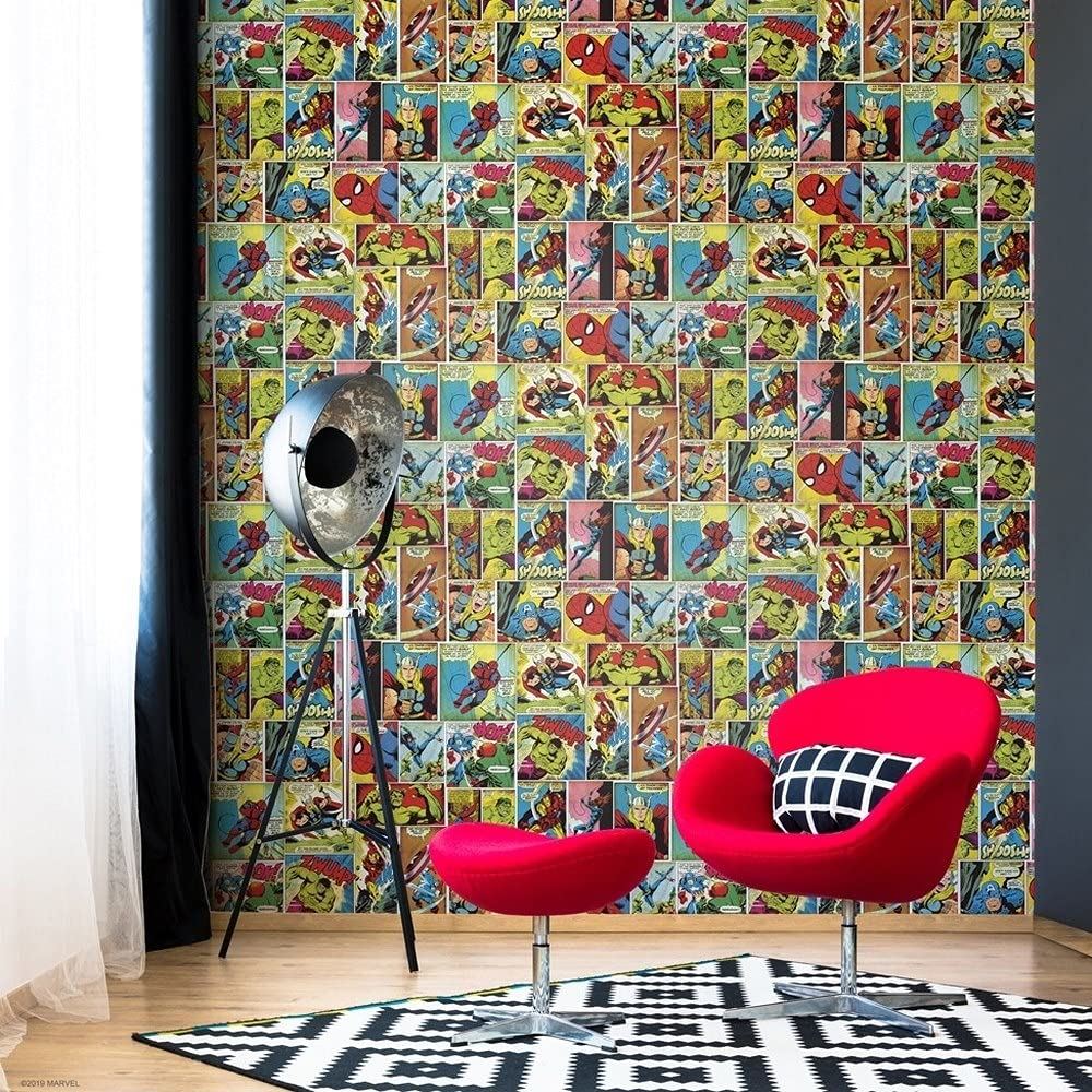 Muriva 159501 Marvel Avengers Wallpaper Multi Coloured Hulk Thor Ironman Comic Strip Kids Room, 10 m x 0.52 cm