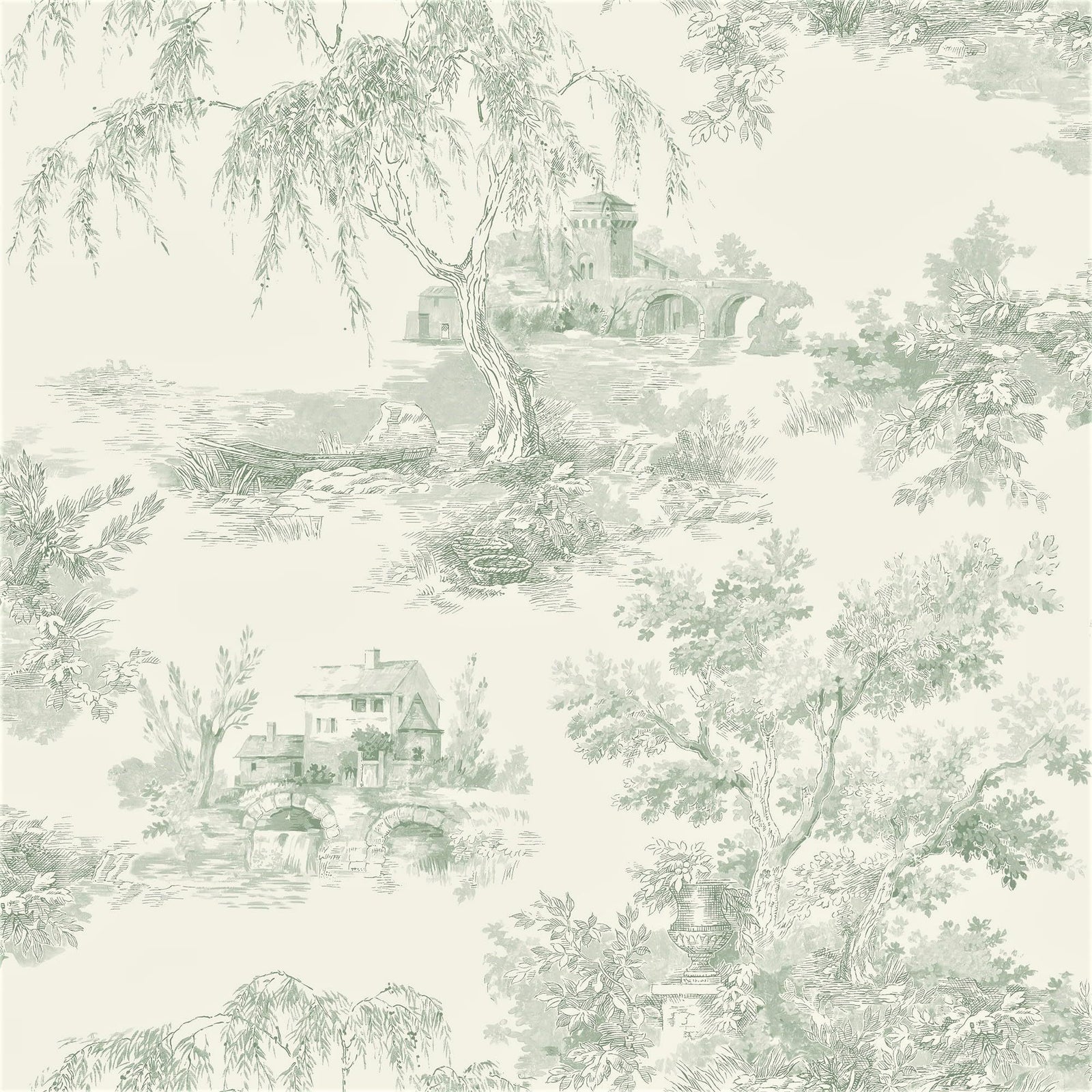 Grandeco French Vintage Toile Trees Smooth Wallpaper, Green
