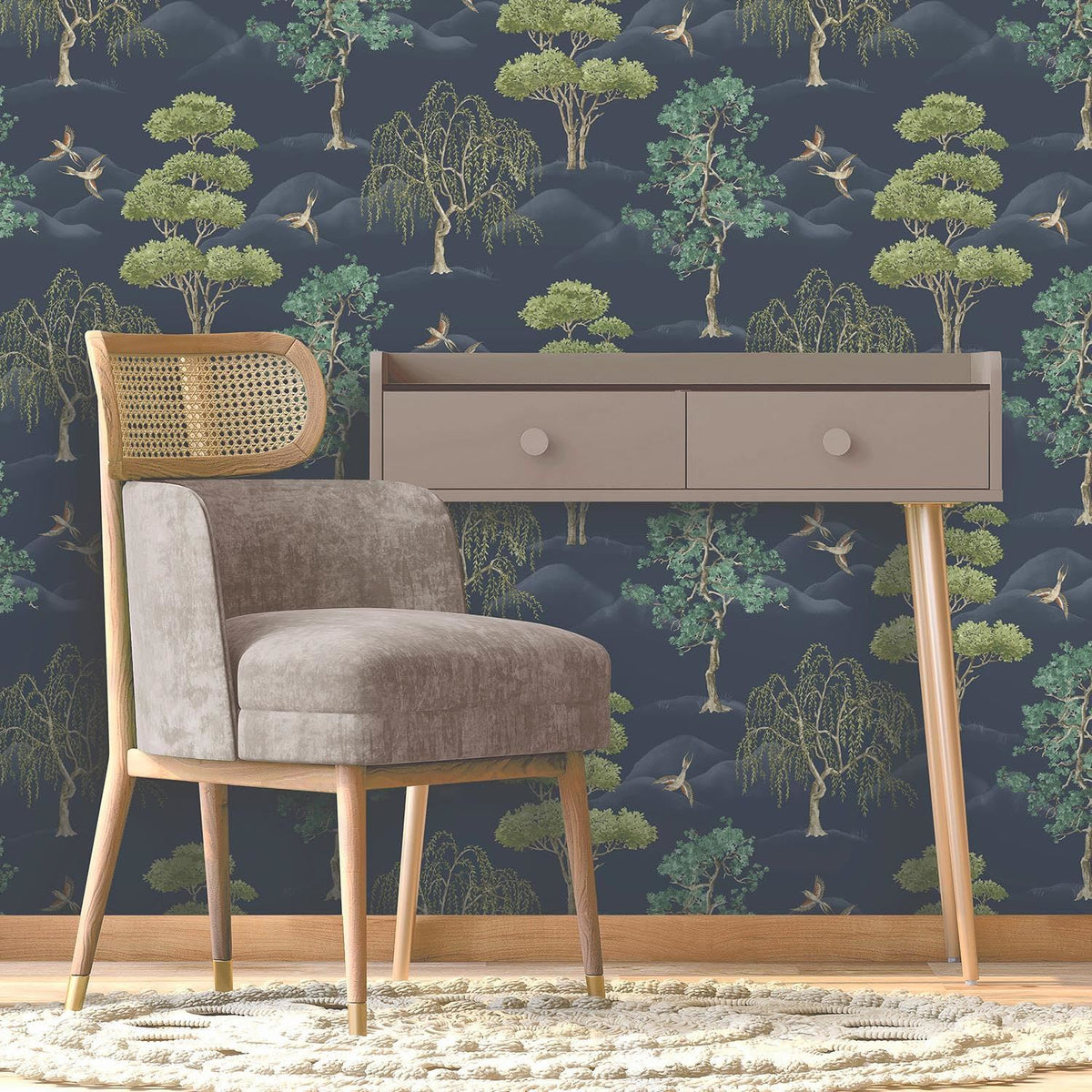 Rasch Maya Willow Woodland Trees Birds Navy Wallpaper - Green Naturistic Floral - Modern Contemporary Feature Wall