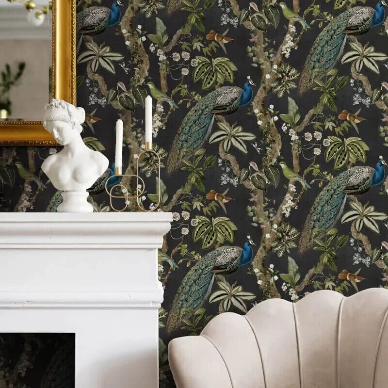 Holden Decor Peacock Woods Charcoal Wallpaper 13681 - Naturistic Feature Wall