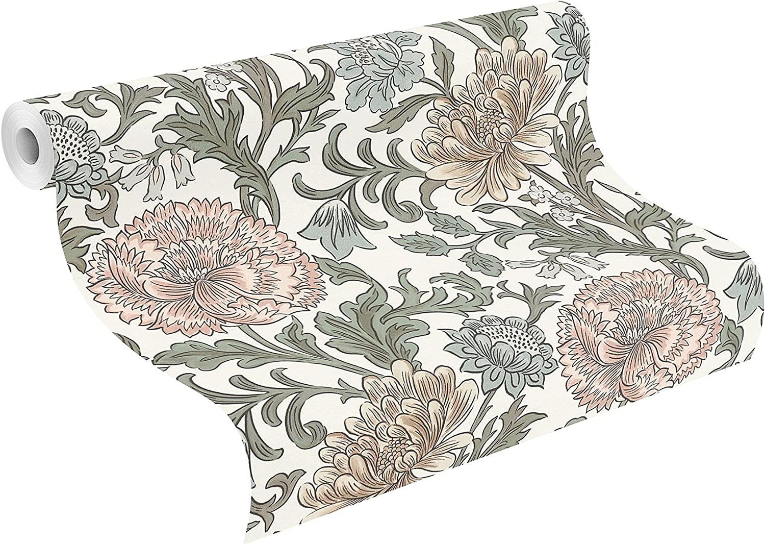 Rasch Wallpaper 553130 - Colourful Non-Woven Wallpaper from The Salisbury Collection with Flower Motif in Various Colours on White Background with Slightly Structure - 10.05 m x 53 cm (L x W)