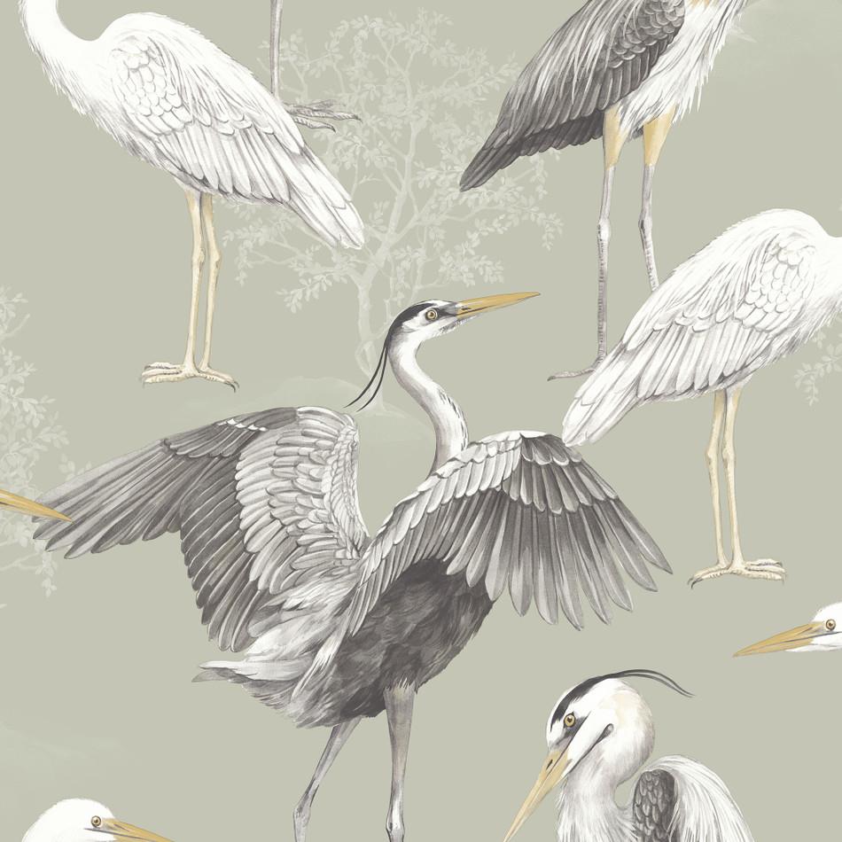 RASCH (U.K) Limited Dimension Heron Wallpaper - Modern Wallpaper for Living Room, Bedroom, Fireplace - Decorative Luxury Nature Wall Paper with Hand-Drawn Herons & Trees (White/Grey/Sage Green)