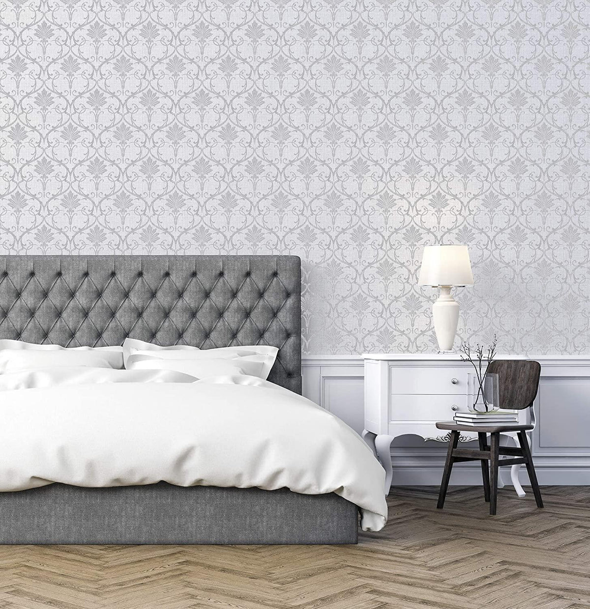 Arthouse ArtiSTICK Divine Damask Grey Peel and Stick Self Adhesive Wallpaper 6m Long - Great for Upcycling Furniture - Cabinets Kitchen Drawers Shelves - Peel &amp; Stick 300217, Single Roll