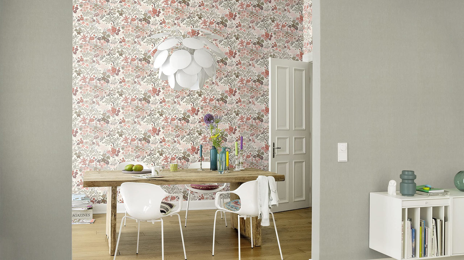Rasch Wallpaper 553338 - Colourful Non-Woven Wallpaper from The Salisbury Collection with Different Coloured Leaves on White Background with Slight Structure - 10.05 m x 53 cm (L x W)