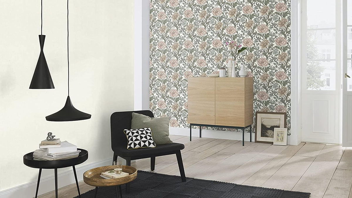 Rasch Wallpaper 553130 - Colourful Non-Woven Wallpaper from The Salisbury Collection with Flower Motif in Various Colours on White Background with Slightly Structure - 10.05 m x 53 cm (L x W)