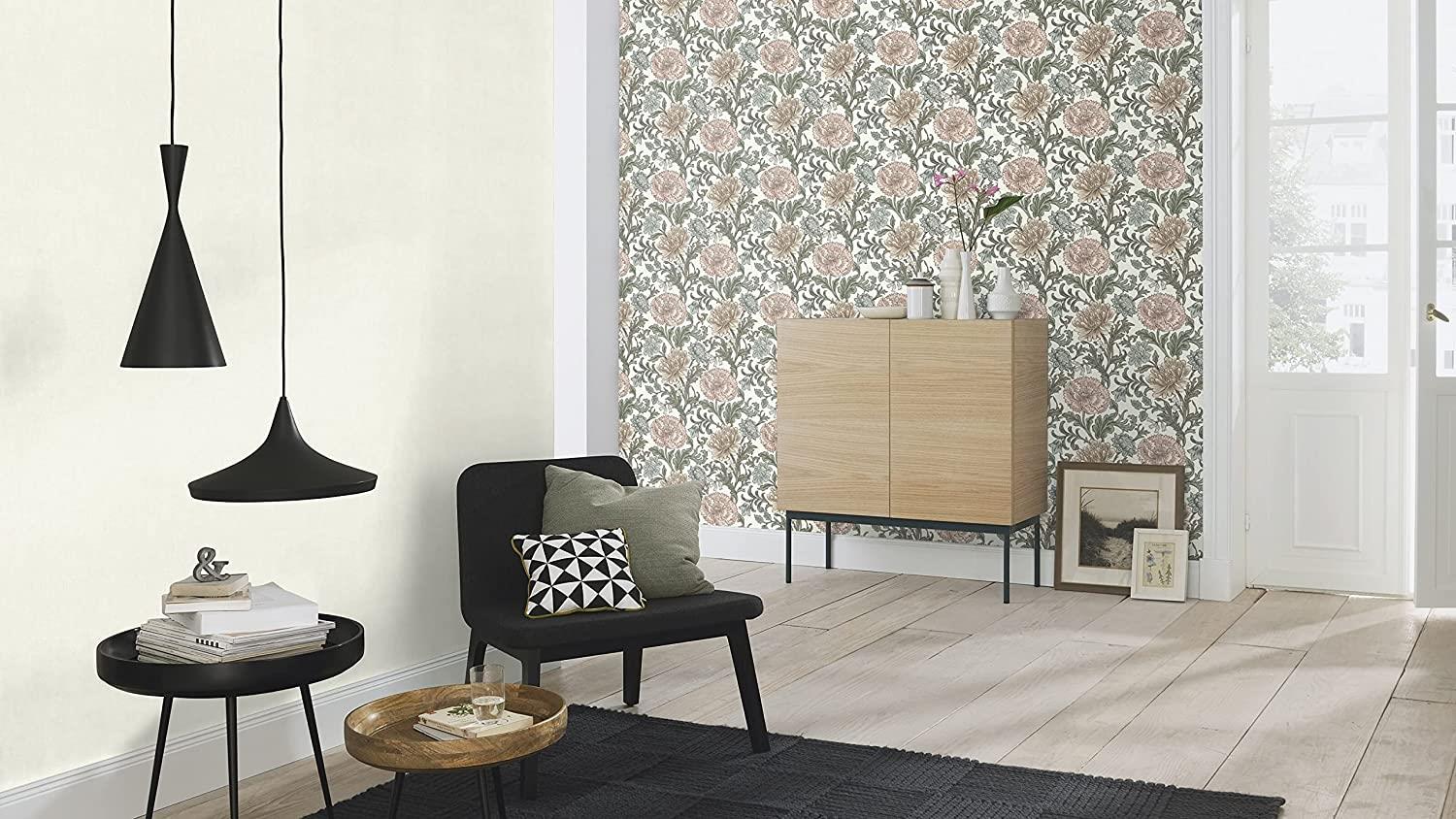 Rasch Wallpaper 553130 - Colourful Non-Woven Wallpaper from The Salisbury Collection with Flower Motif in Various Colours on White Background with Slightly Structure - 10.05 m x 53 cm (L x W)