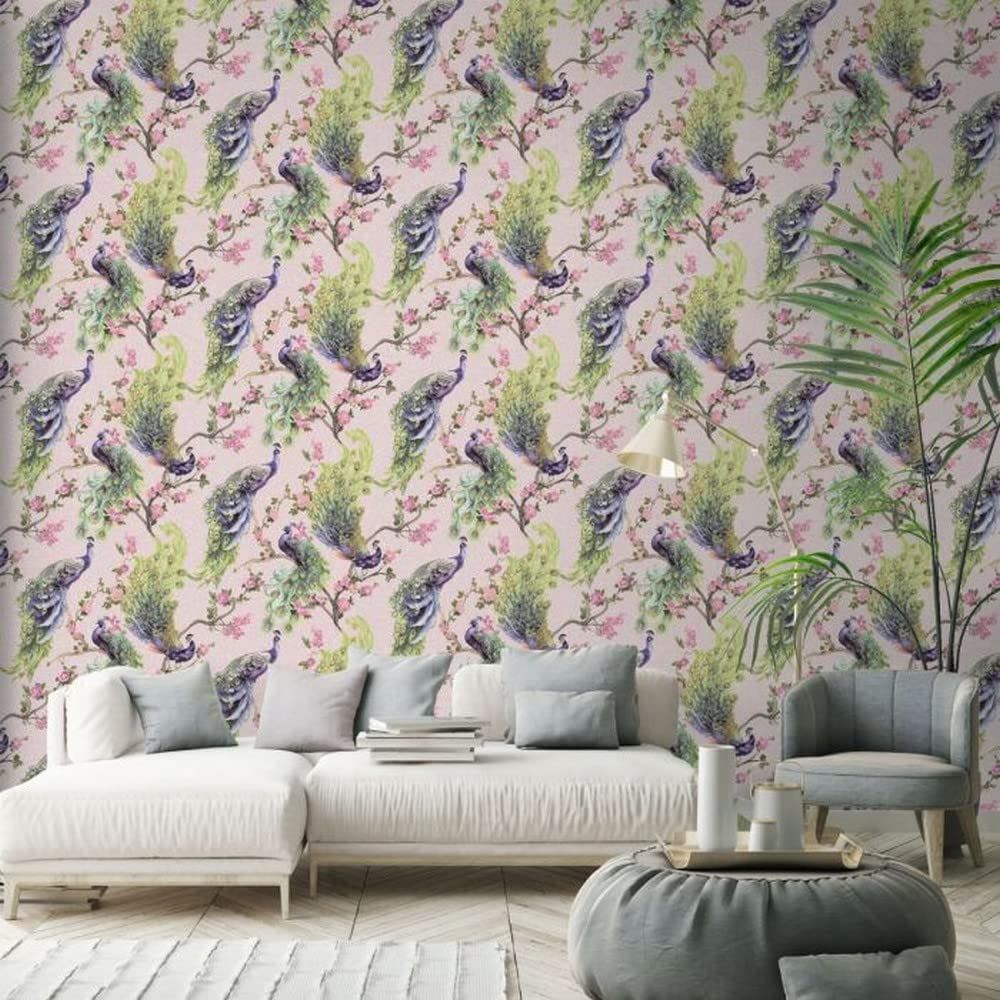 Holden Decor Menali Pink Wallpaper 35923 - Vinyl Glitter Peacock Feather Floral