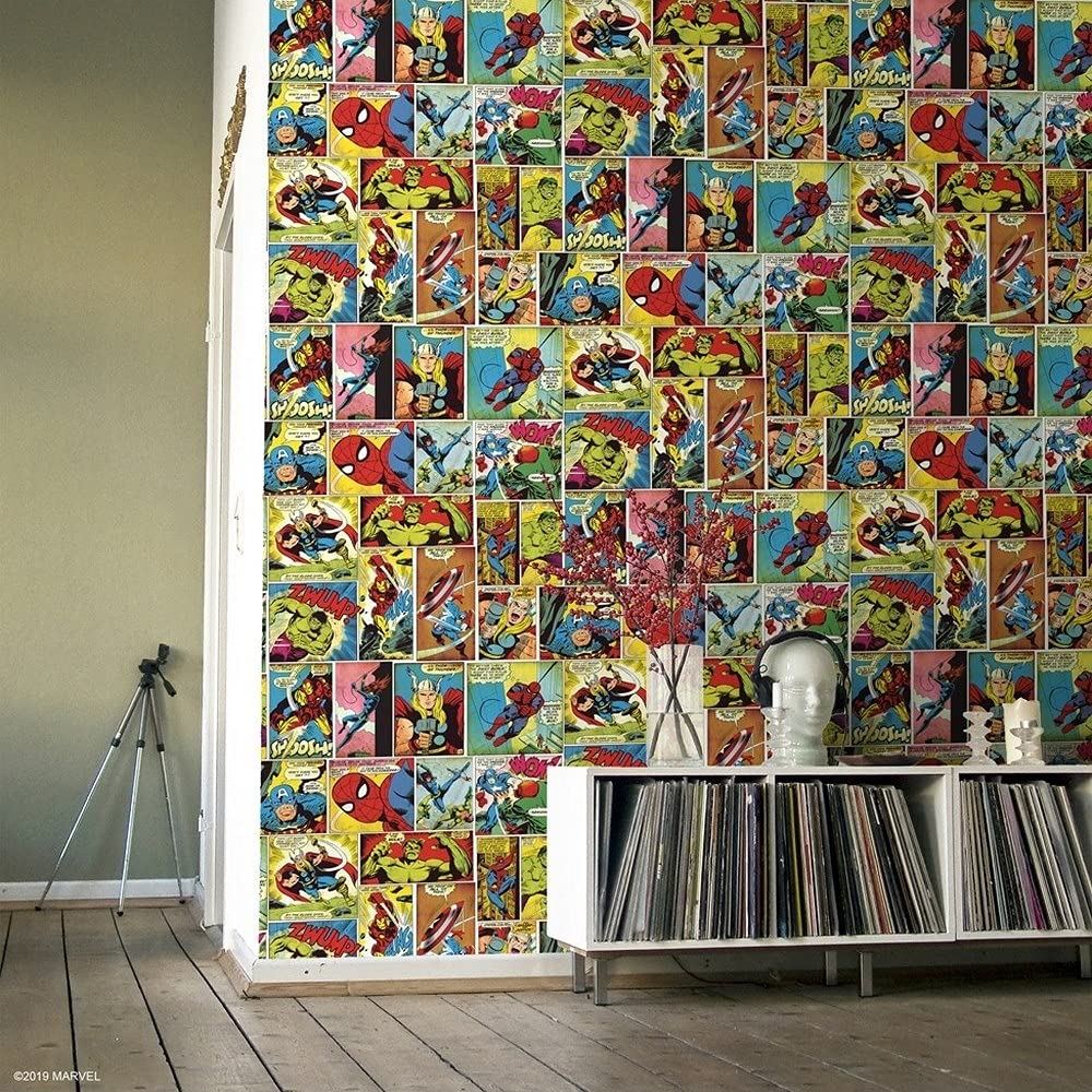 Muriva 159501 Marvel Avengers Wallpaper Multi Coloured Hulk Thor Ironman Comic Strip Kids Room, 10 m x 0.52 cm