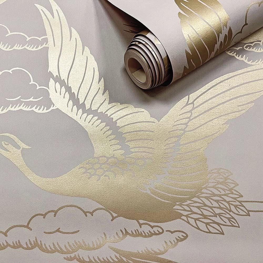 Holden Decor Glistening Cranes Wallpaper - Modern Metallic Wallpaper for Living Room, Bedroom, Fireplace - Decorative Luxury Nature Wall Paper with Cranes (Pink/Gold)