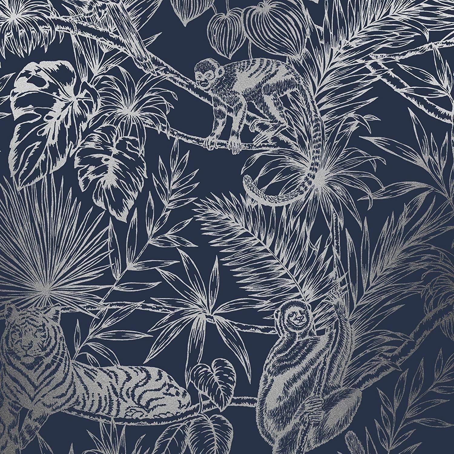 Holden Decor Sumatran Navy Silver Wallpaper 65760 - Metallic Tropical Palm Tiger