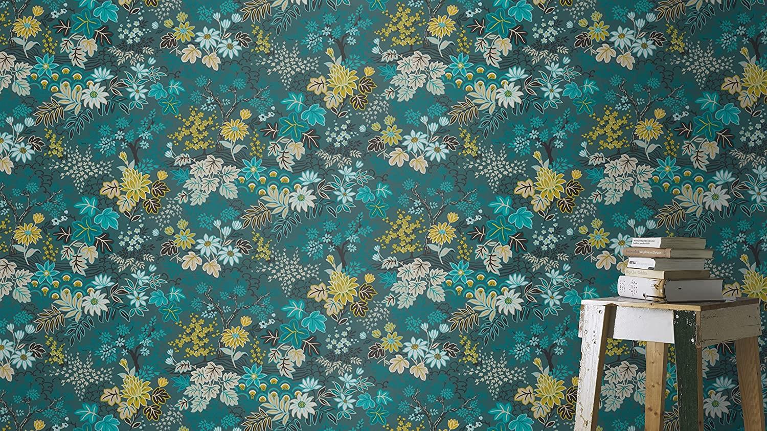 Rasch Wallpaper 553352 - Colourful Non-Woven Wallpaper from The Salisbury Collection with Different Coloured Leaves on Dark Blue Background with Slight Structure - 10.05 m x 53 cm (L x W)