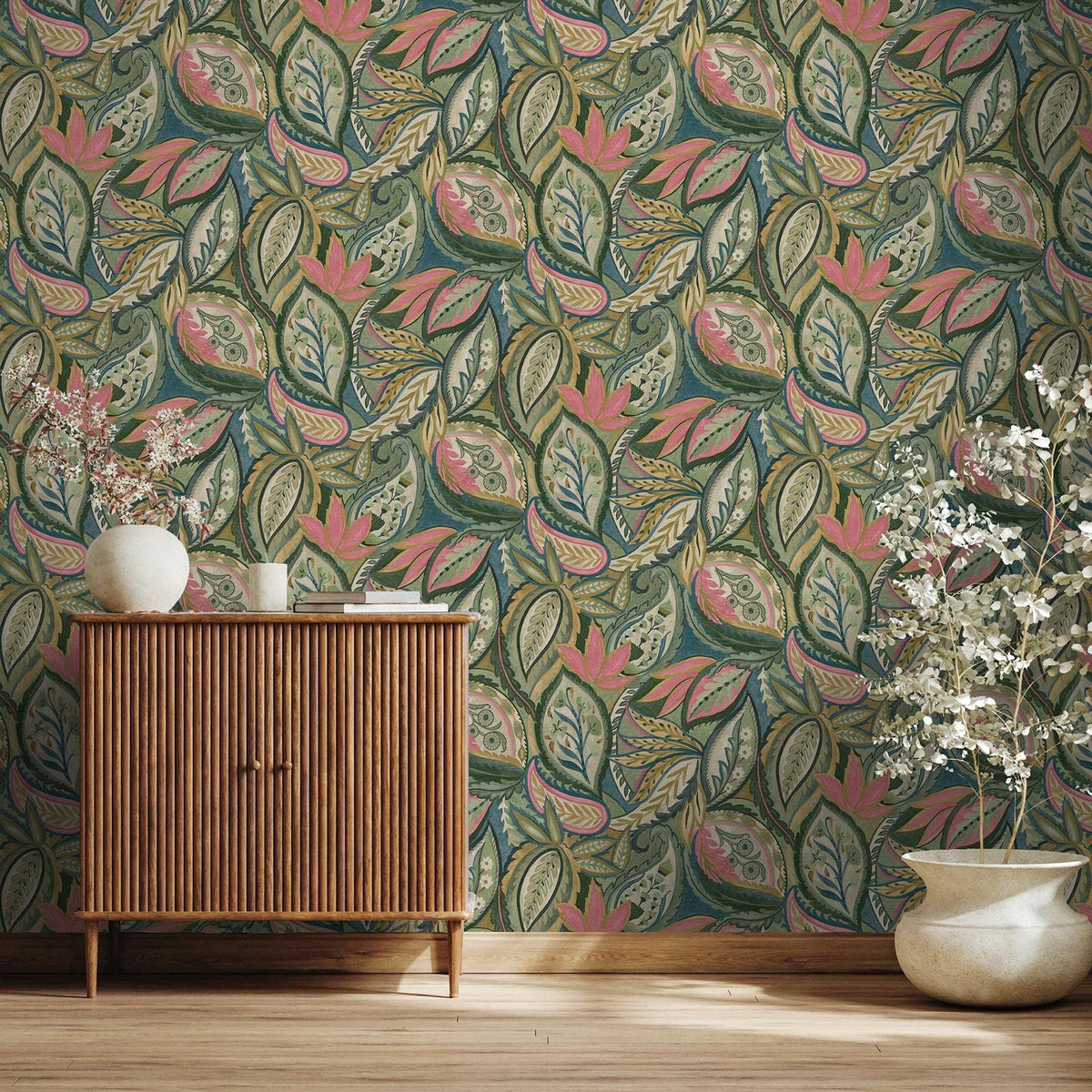 Holden Paisley Leaves Wallpaper - Modern Wallpaper for Living Room, Bedroom, Fireplace - Decorative Luxury Wall Paper with Soft Sweeping Leaves & Paisley-Style Pattern (Green, Pink, Yellow & Blue)