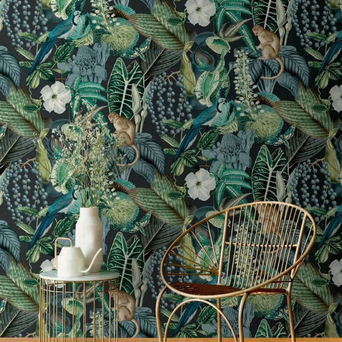 Grandeco Amazon Monkeys Tropical Floral Multi Wallpaper Black / Blue JF2202 for Any Rooms