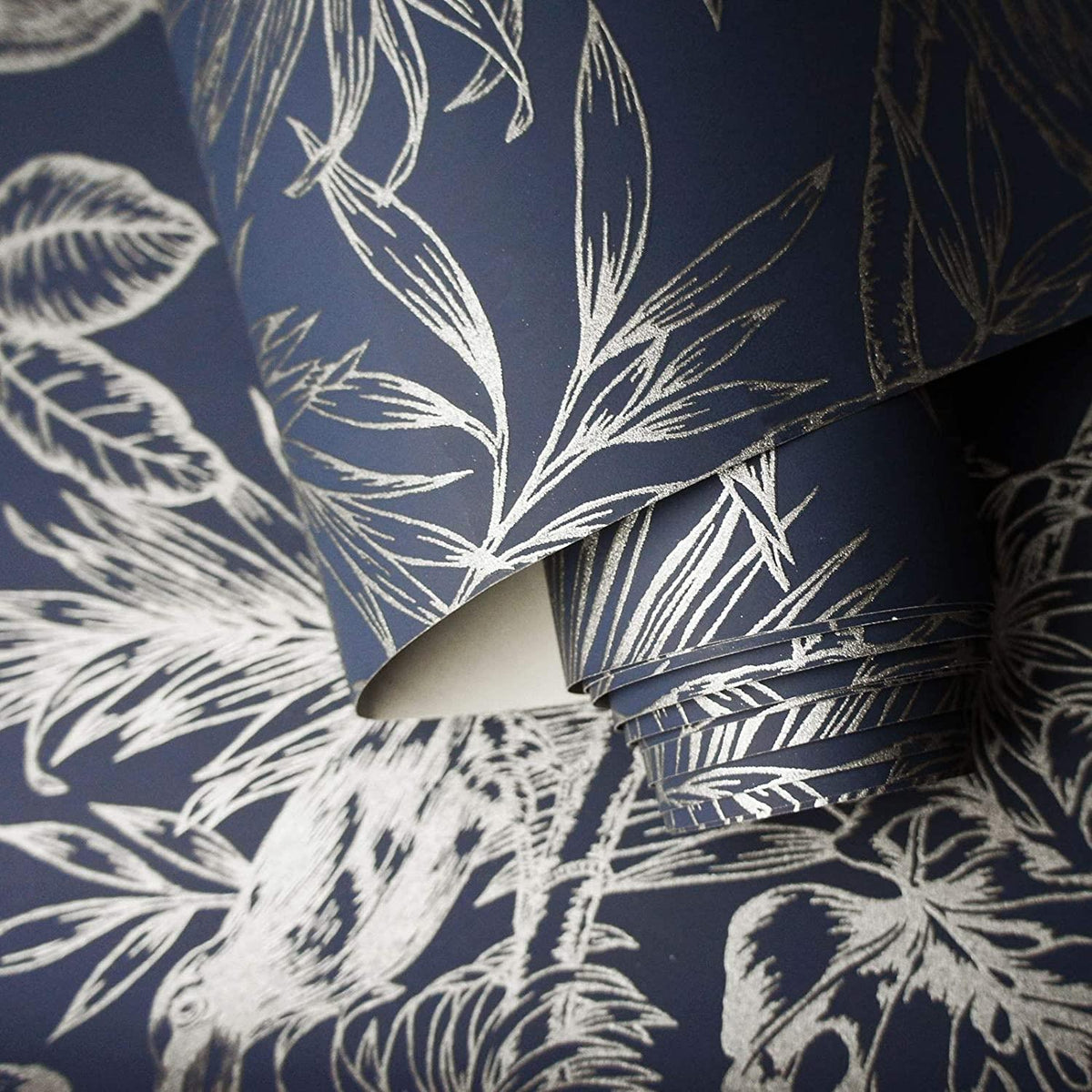 Holden Decor Sumatran Navy Silver Wallpaper 65760 - Metallic Tropical Palm Tiger