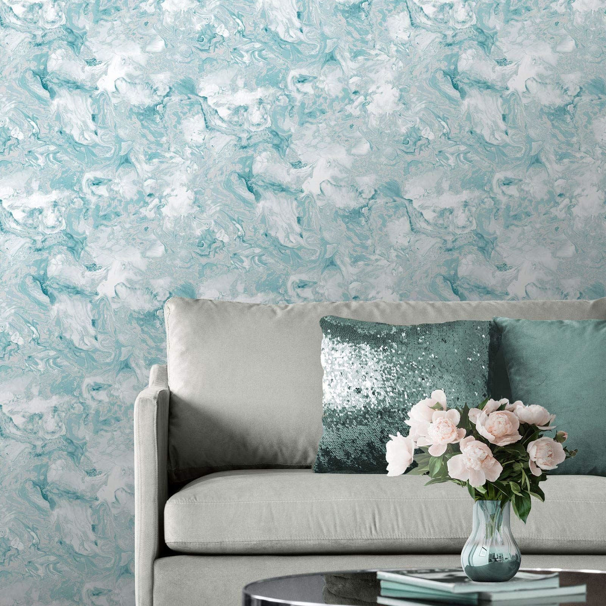 Muriva Elixir Marble Teal Wallpaper 166503 - Feature Metallic Marble Effect